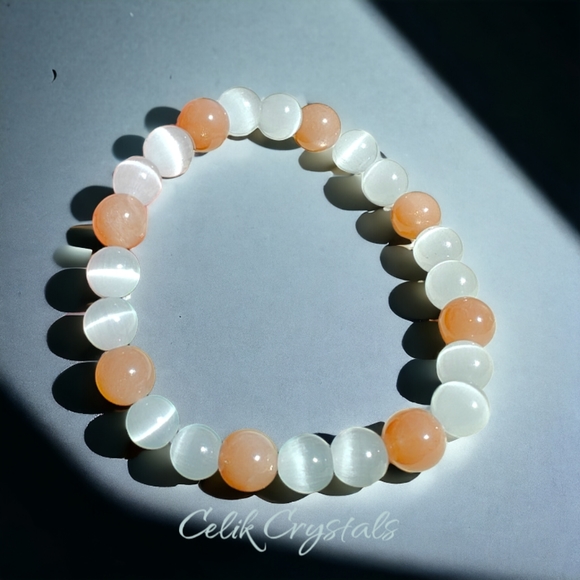 Sunstone & White Cat Eye Bracelet 8mm Natural Stones Unisex Healing Bracelet - Picture 2 of 5